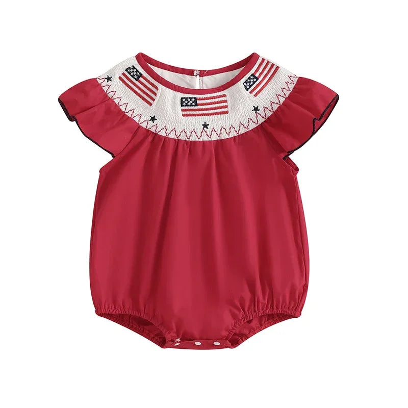 baby girls red romper with flutter sleeves and patriotic flag embroidery around collar