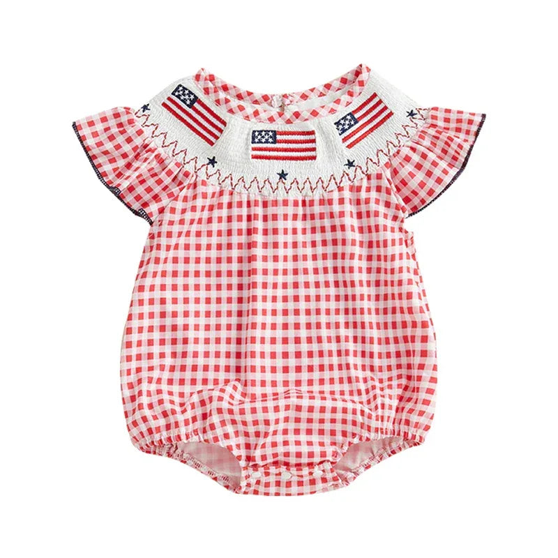 Patriotic Girl Embroidered Romper featuring a red and white gingham pattern with playful flag embroidery, perfect for babies aged 0-3 years. Available in 6 adorable colors, ideal for festive occasions.