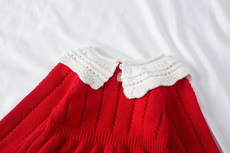 red baby romper with white scalloped knit collar for infants and toddlers