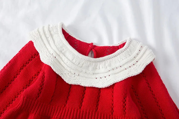 Red baby romper with white scalloped knit collar for infants