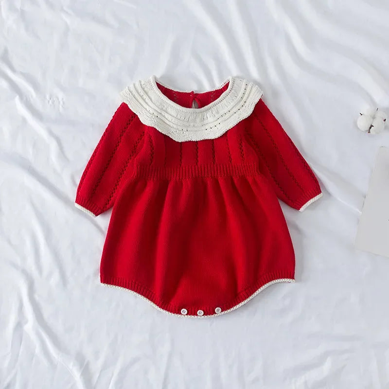 baby red romper with long sleeves and white lace collar size newborn to 12 months