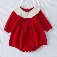 baby red romper with white knit collar and long sleeves for infants