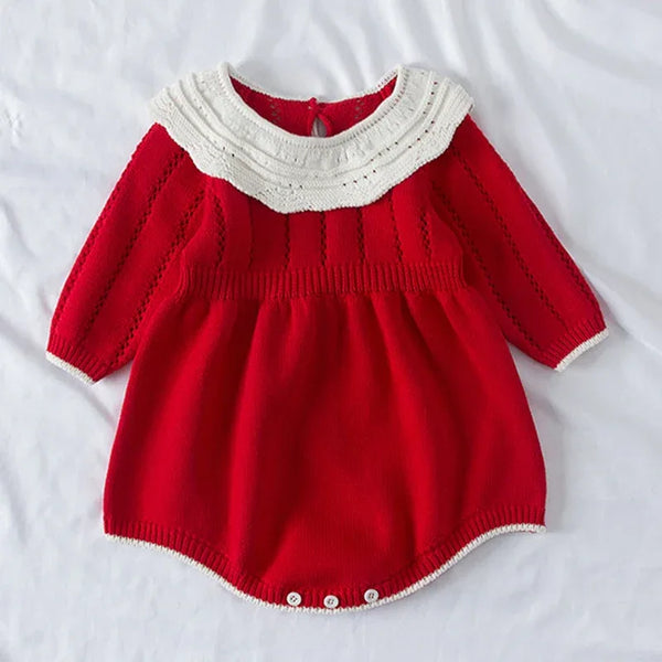 baby red romper with white knit collar and long sleeves for infants