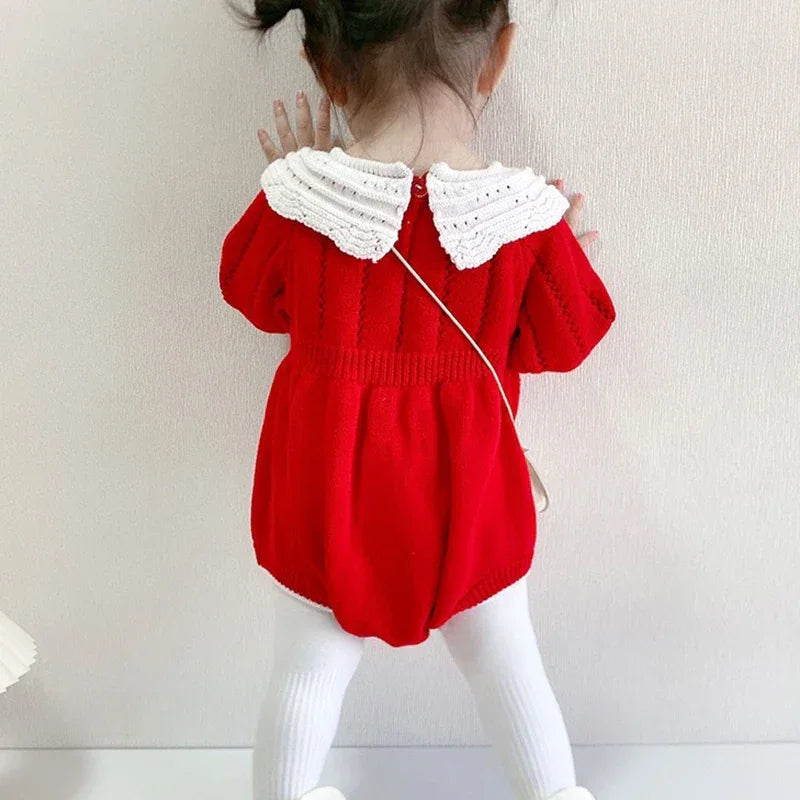 baby girl red romper with white knitted collar in size 12-21 months