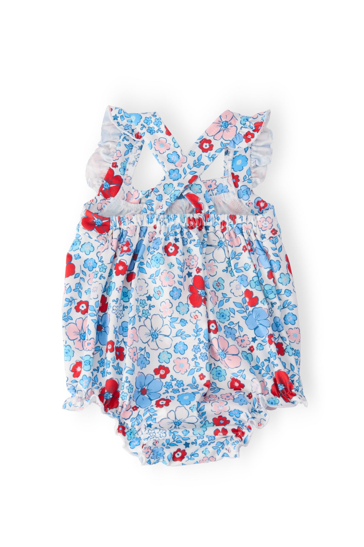 Baby girls blue and red floral romper ruffle cross back romper with pink and white accents
