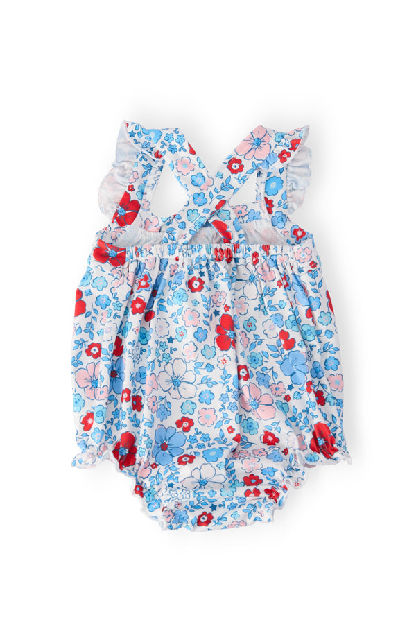 Baby girls blue and red floral romper ruffle cross back romper with pink and white accents