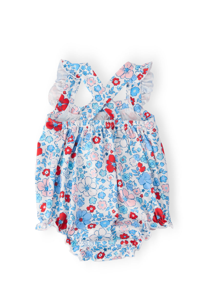 Baby girls blue and red floral romper ruffle cross back romper with pink and white accents