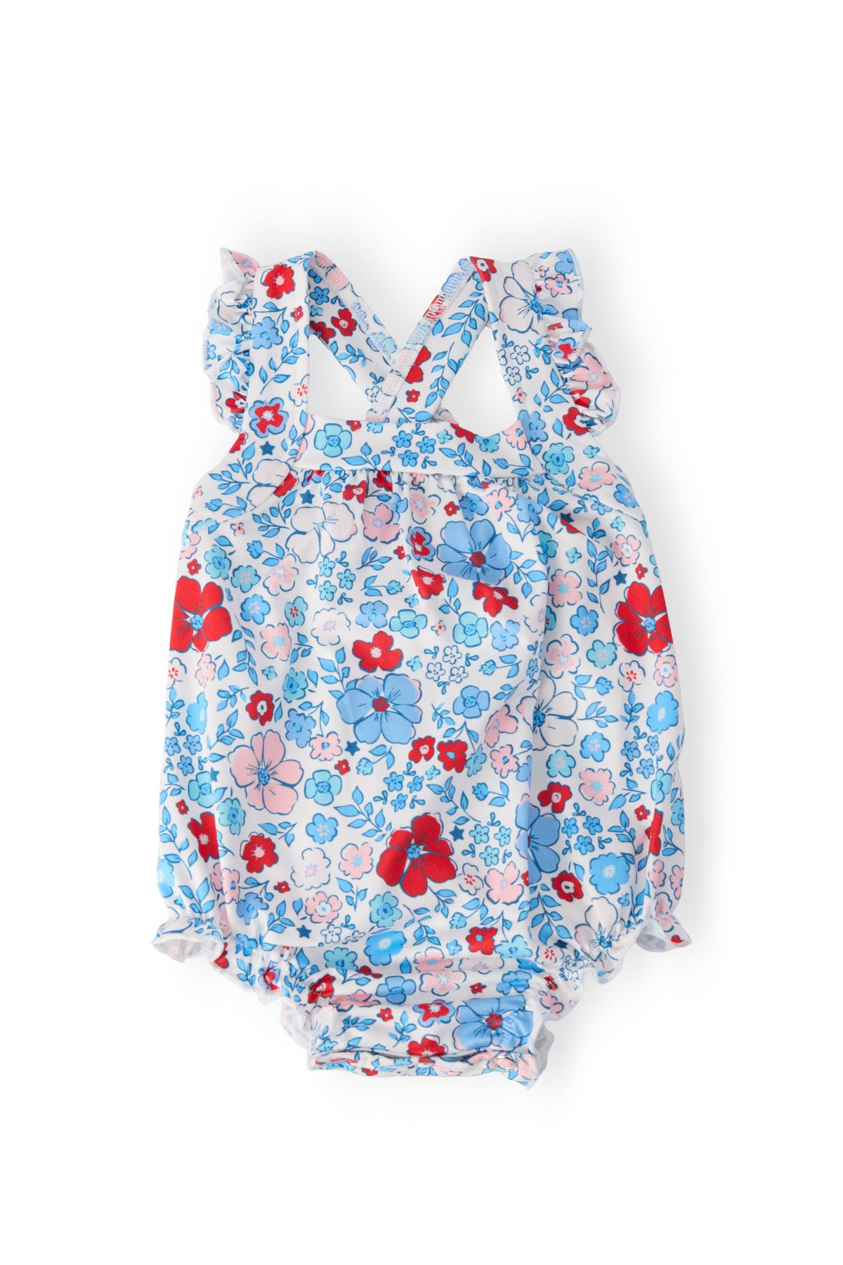 baby girls floral romper ruffle cross back romper with red and blue flowers