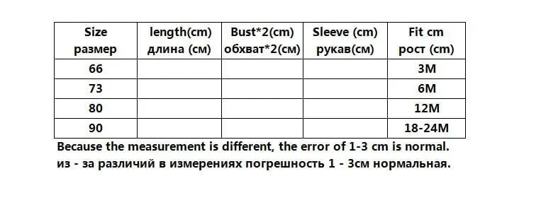 Baby romper size chart with measurements for 3 to 24 months including length bust and sleeve