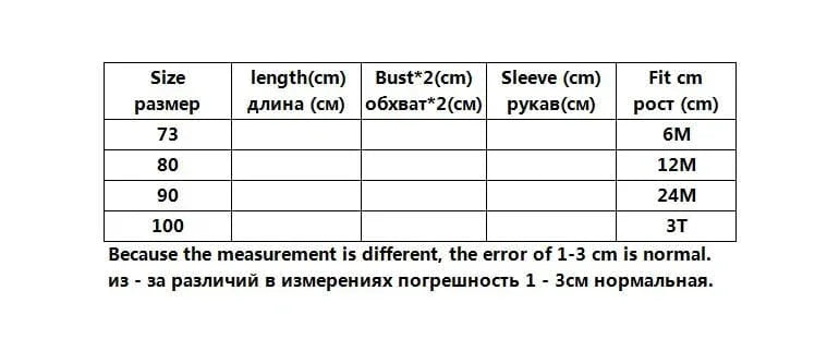 Size chart for babies and kids romper with measurements for length, bust, sleeve, and fit age from 6 months to 3T
