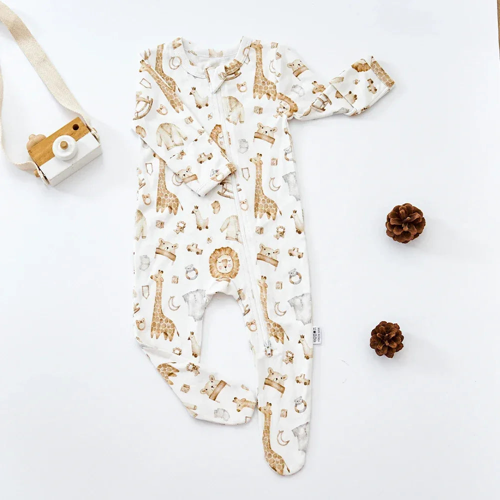 baby white romper with brown animal print, long sleeve footed sleeper for newborns