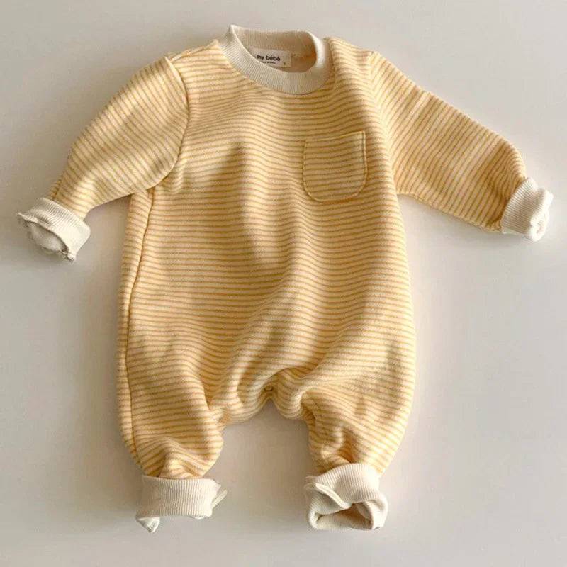 baby yellow striped romper with long sleeves and cuffs for infants