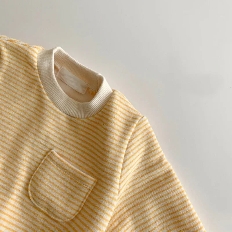 baby yellow and white striped romper with long sleeves and front pocket for infants