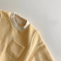 baby yellow and white striped romper with long sleeves and front pocket for infants