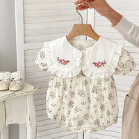 baby cream floral rompers with large white embroidered collar and puff sleeves