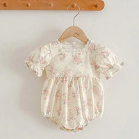 baby cream floral rompers with puff sleeves and lace trim for newborns