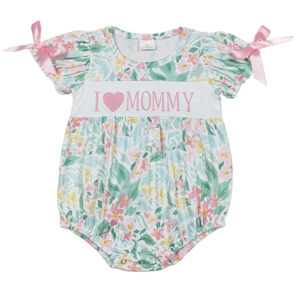 baby floral romper with I love mommy text, pastel colors, short puff sleeves with pink bows