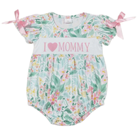 baby floral romper with I love mommy text, pastel colors, short puff sleeves with pink bows