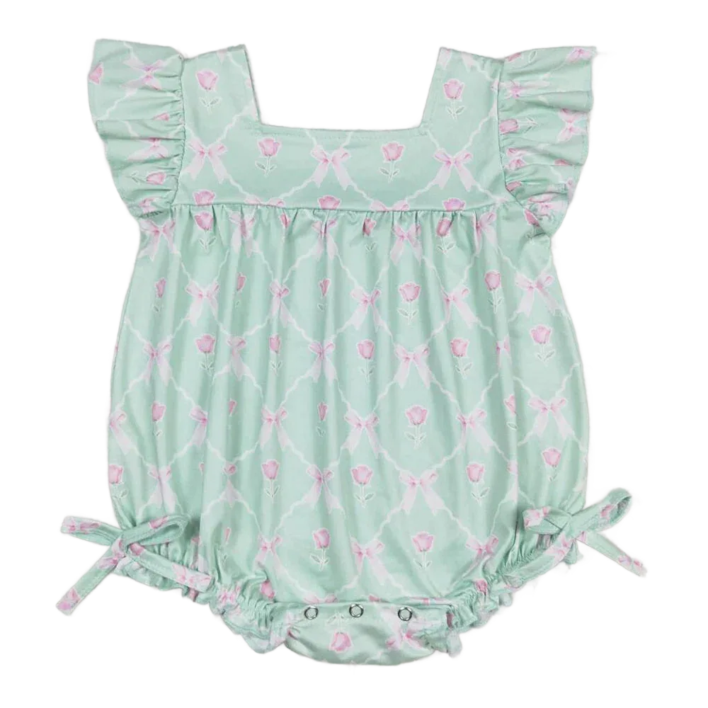 baby girls mint green romper with pink floral and bow print, ruffle sleeves and snap closure