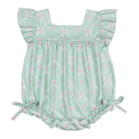 baby girls mint green romper with pink floral and bow print, ruffle sleeves and snap closure