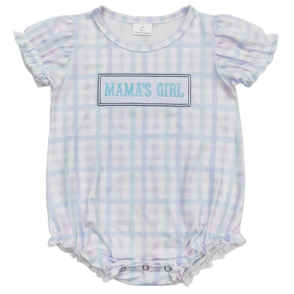 baby blue and white plaid romper with puff sleeves and Mama's Girl embroidery