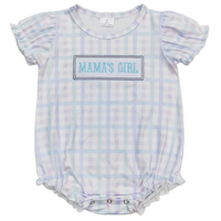 baby blue and white plaid romper with puff sleeves and Mama's Girl embroidery