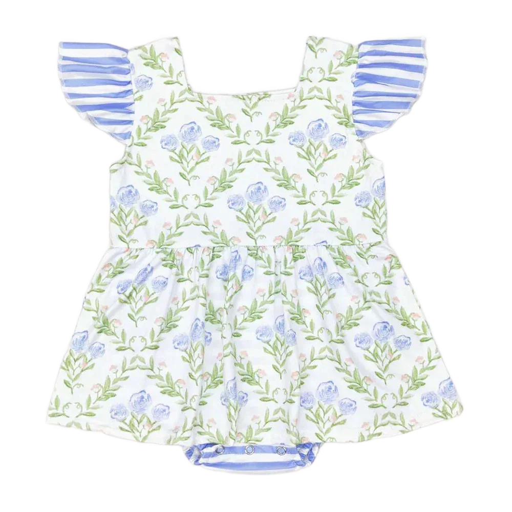baby girls white and blue floral rompers with striped flutter sleeves for infants