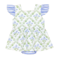 baby girls white and blue floral rompers with striped flutter sleeves for infants