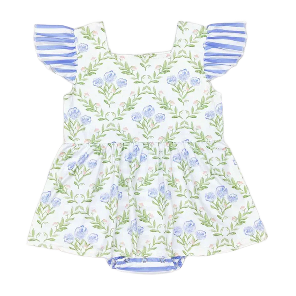baby girls white and blue floral rompers with striped flutter sleeves for infants