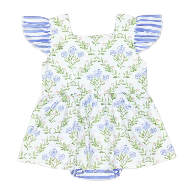 baby girls white and blue floral rompers with striped flutter sleeves for infants