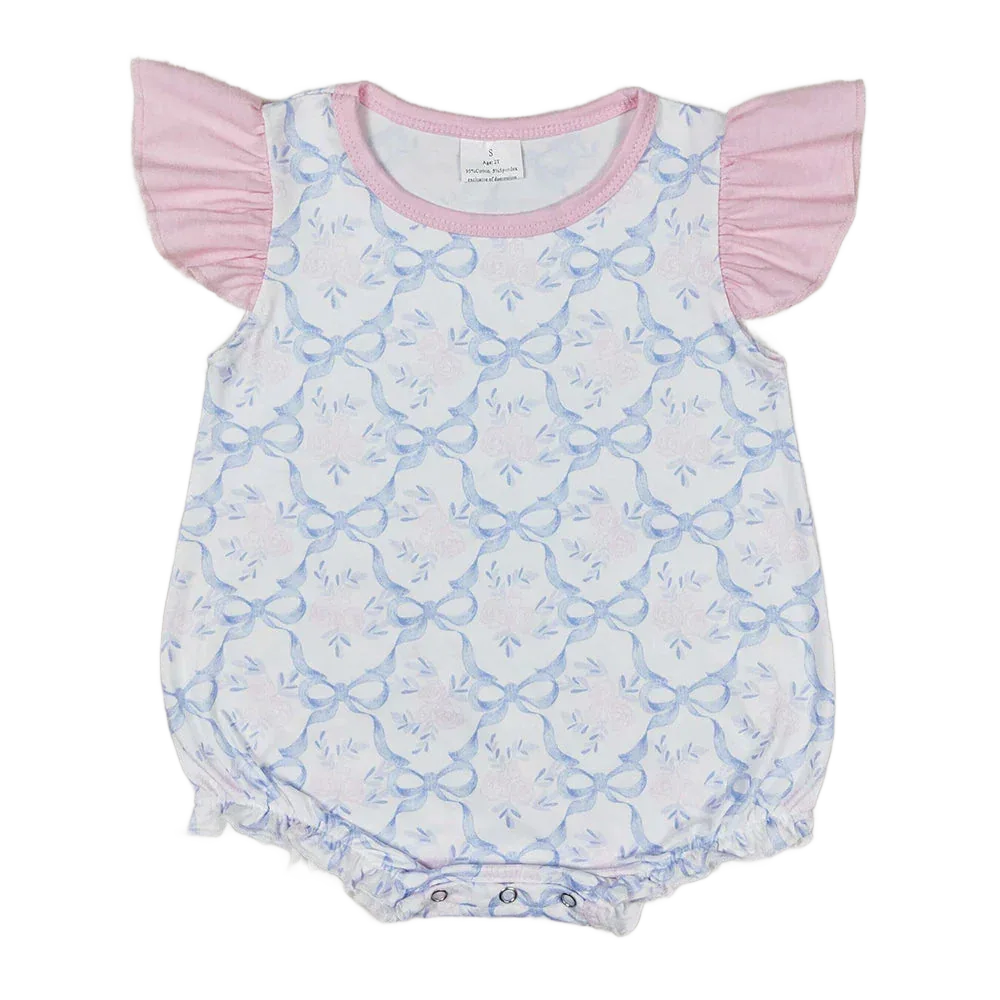 baby girls white and blue floral romper with pink ruffle sleeves size small