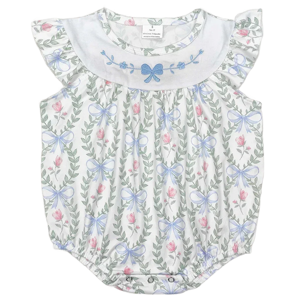 baby girls white floral romper with blue bow embroidery and ruffled sleeves