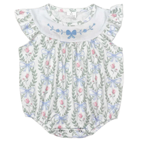 baby girls white floral romper with blue bow embroidery and ruffled sleeves