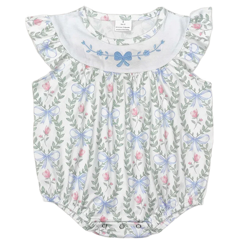 baby girls white floral romper with blue bow embroidery and ruffled sleeves