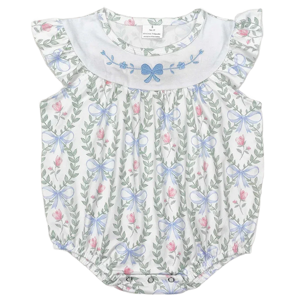 baby girls white floral romper with blue bow embroidery and ruffled sleeves