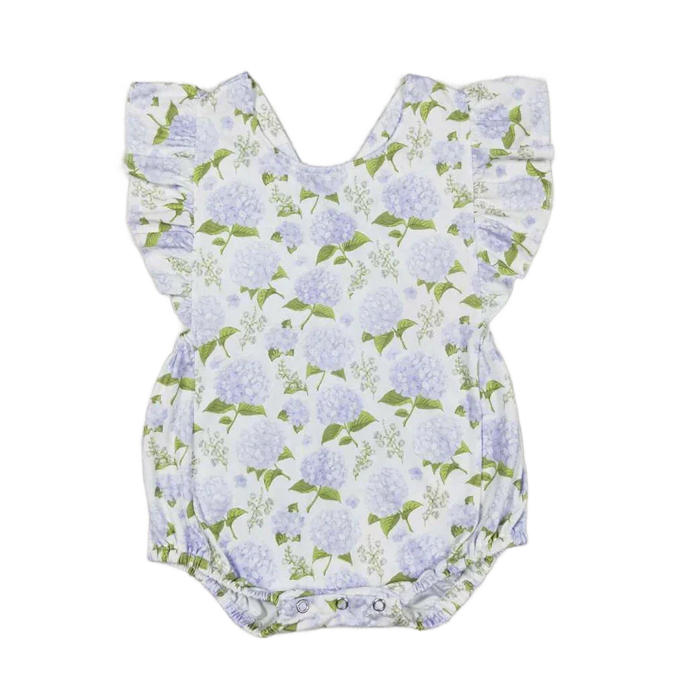 baby floral rompers with light purple flowers and green leaves, short sleeve and ruffle detail