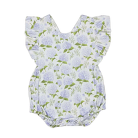 baby floral rompers with light purple flowers and green leaves, short sleeve and ruffle detail