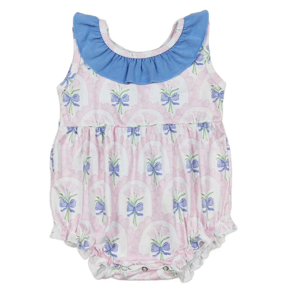 baby pink rompers with blue bow print and blue ruffled collar for infants