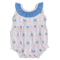 baby pink rompers with blue bow print and blue ruffled collar for infants