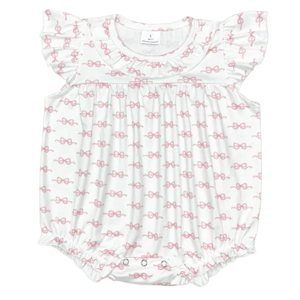 white baby girl romper with pink bow print and ruffled sleeves for infants