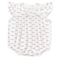 white baby girl romper with pink bow print and ruffled sleeves for infants