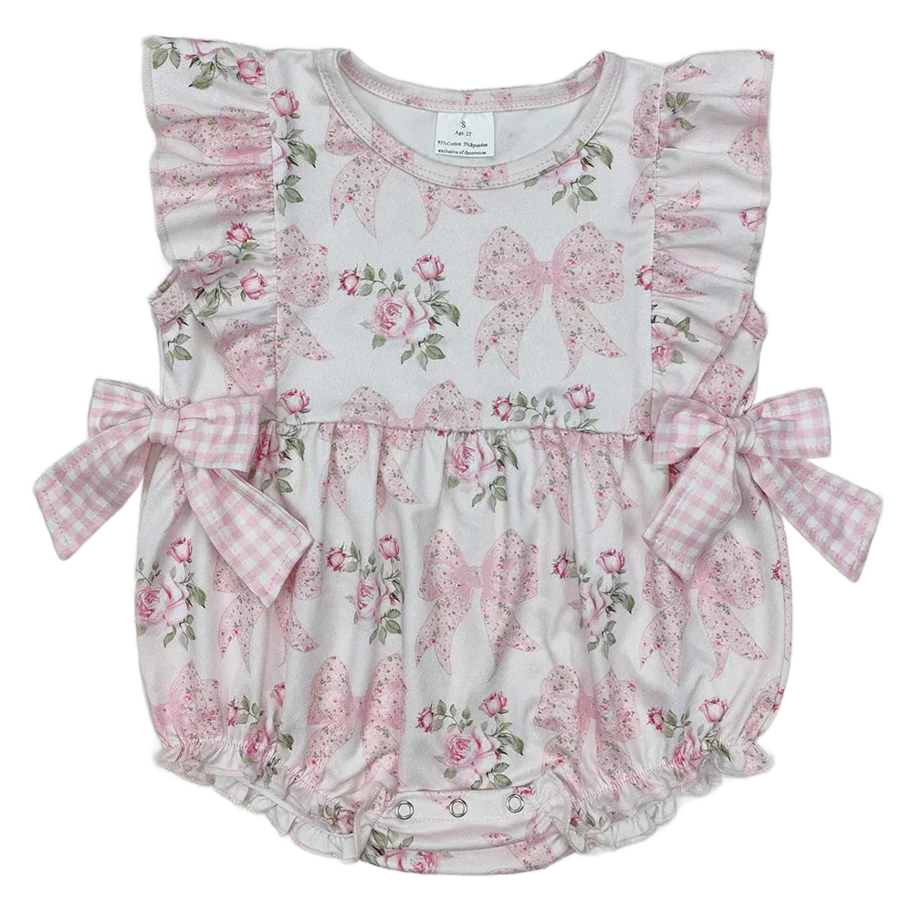 baby girl pink floral rompers with bows and ruffle sleeves 0 to 12 months