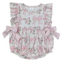 baby girl pink floral rompers with bows and ruffle sleeves 0 to 12 months