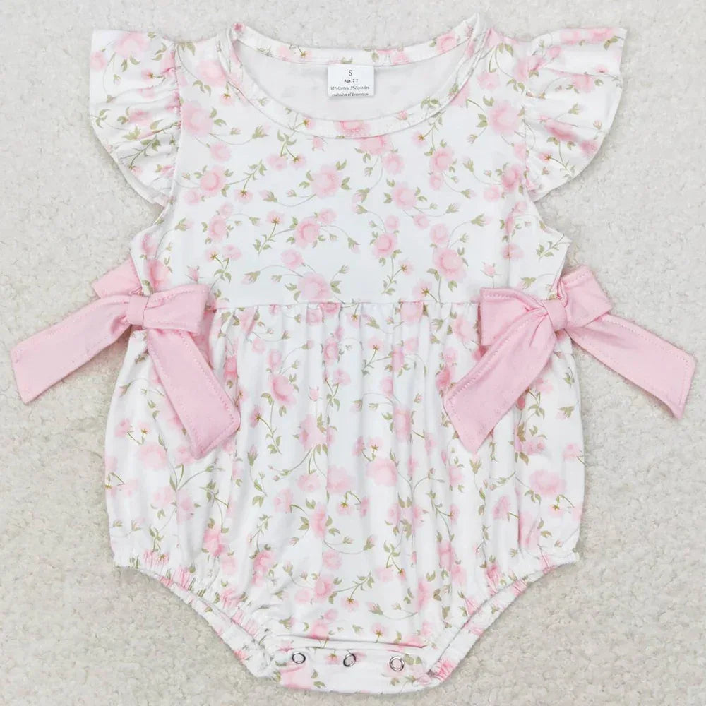 baby girls white and pink floral rompers with flutter sleeves and side bows
