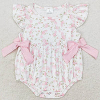 baby girls white and pink floral rompers with flutter sleeves and side bows