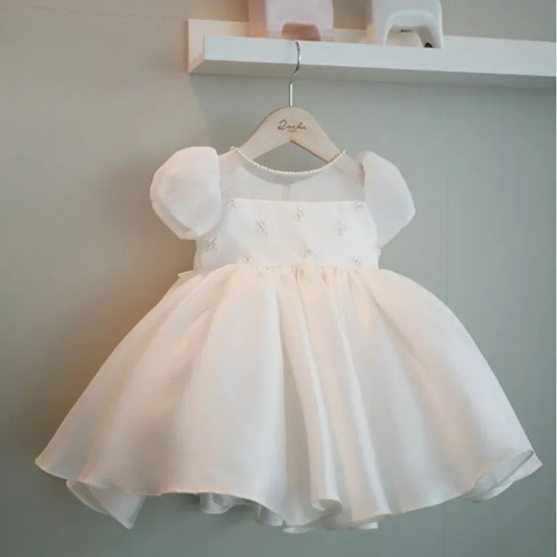 white babies special occasion dress with puff sleeves and delicate embroidery on bodice
