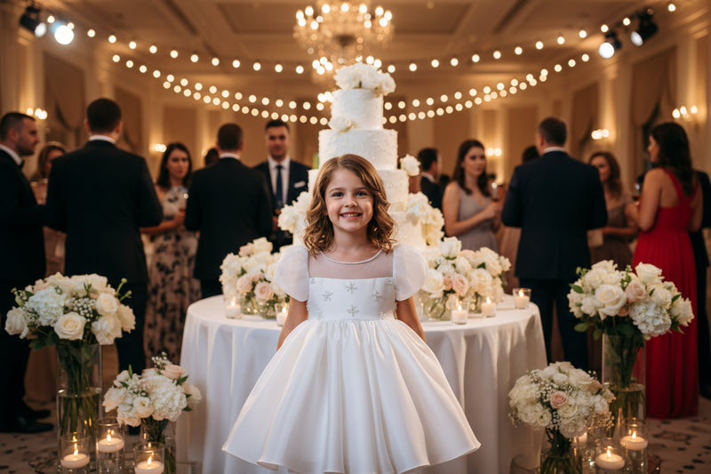 White babies special occasion dress with puff sleeves and embroidered bodice