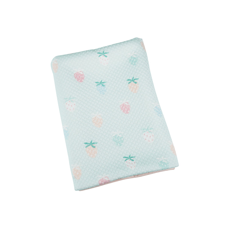 Strawberry Pattern Printed Knit Blanket spread out, displaying charming strawberry patterns against a soft blue background.