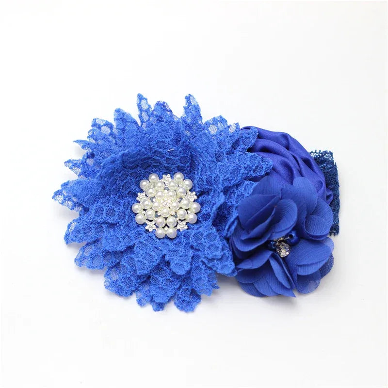 blue lace and fabric flower babies hair accessories with pearl and rhinestone centerpiece