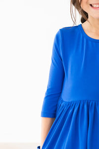 Mila & Rose royal blue twirl dress for girls with 3/4 sleeves and pocket detail